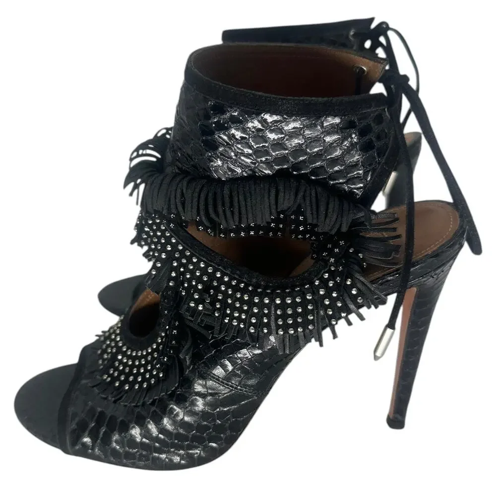 Aquazzura Sexy Thing Black Python Studded Fringe Stiletto Sandals Women's 38.5